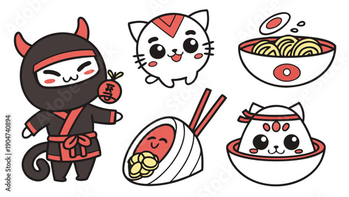 Collection of adorable japanese style stickers with cats ramen and sushi characters.