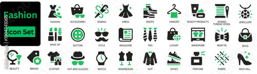 Silhouette vector of Fashion icon set. Icon of Dress, Fashion, Bag, Shoes, Hanger, Apparel, watch, make up. Solis vector icon set. 