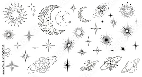 Diverse collection of celestial outline objects including sun, moon, stars, planets, and galaxies, isolated white background.