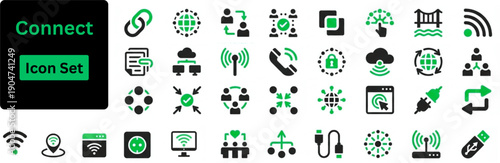 Silhouette vector of Connect icon set. Icons of network, join, collaboration, connectivity, interaction, cable, integration and connection icons. Solid icons set.