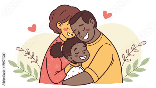 A happy black family sharing a warm and loving hug with hearts and floral elements