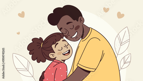 Illustration of a loving black father and his young daughter sharing a warm and happy hug