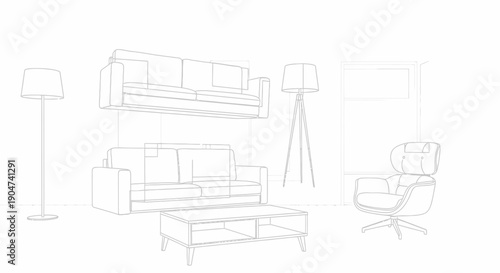 Minimalist outline illustration of a modern living room interior with furniture in bright studio.