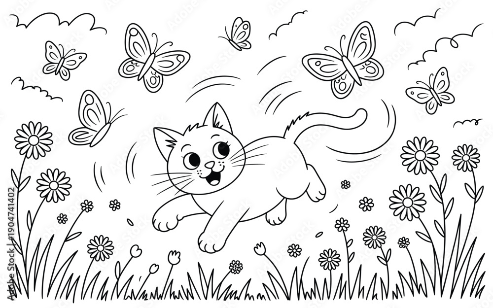Fototapeta premium A playful cat chasing butterflies in a field of flowers, a whimsical vector illustration for kids