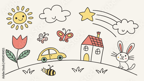 Colorful hand drawn doodles featuring a sun house car animals and flowers on a cream background