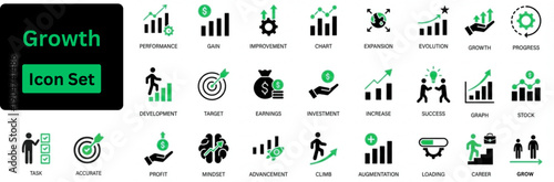 Silhouette vector of Growth icon set. Icons of performance, gain, improvement, grow, chart, increase, evolution and development icons. Solid icons set. 