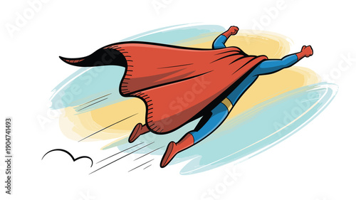 A cartoon superhero in a dynamic flying pose with a red cape and blue suit