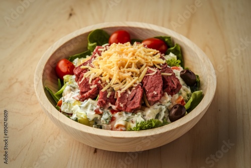 a bowl with a creamy salad containing beef meat and vegetables