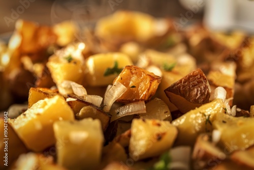 A close-up photograph of a golden potato hash