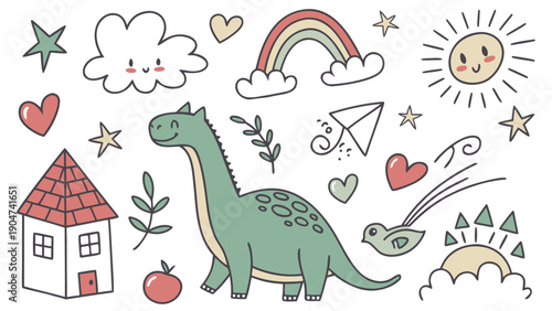 Hand drawn cute doodle set with dinosaur house rainbow sun and various whimsical elements for kids