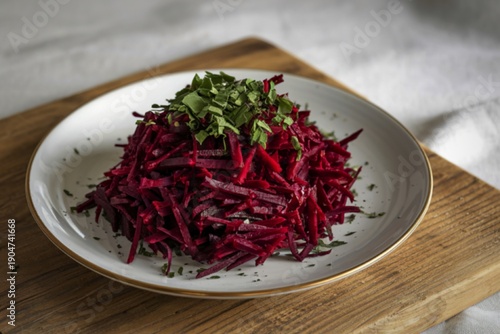 A photo of a white plate with a pile of shredded beetroot