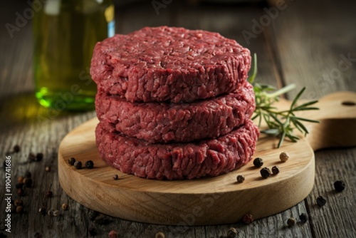 a wooden cutting board with three raw meat patties