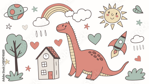 Cute hand drawn doodles of a dinosaur house rocket sun and rainbow in pastel colors