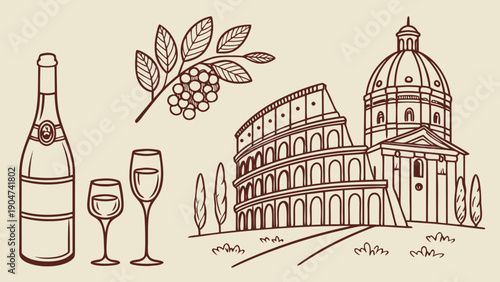 Vintage style sketch featuring the colosseum, a grand dome, wine bottle, and glasses with grapes