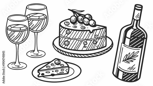 Hand drawn sketch of wine bottle glasses and a delicious grape cake on a table.