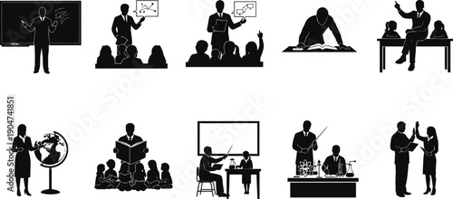 Education silhouette icon set, teacher student, classroom learning, science experiment, geography lesson, homework study, academic success, school activity, vector illustration, black pictogram