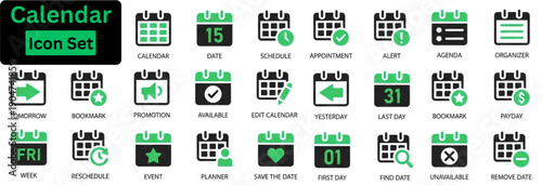 Silhouette vector of Calendar icon set. Icon of Date, event, month, day, agenda, schedule, week etc.