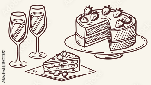 Hand-drawn vintage style illustration of a strawberry cake with two glasses of bubbly champagne