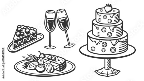 Hand drawn illustration of a tiered cake with champagne glasses and delicious desserts