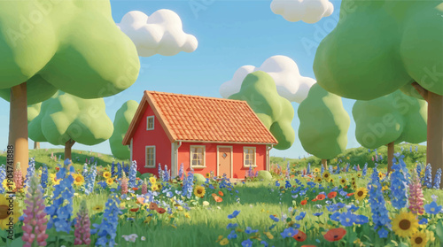 Charming red house in a picturesque wildflower meadow with stylized trees and clouds, an idyllic 3D rendered countryside scene