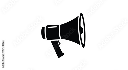 A black megaphone illustration against a white background silhouette