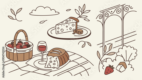 Hand drawn illustration of a picnic with wine cheese and strawberries in a vineyard