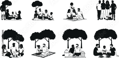 Family picnic silhouette icon set, outdoor leisure, blanket gathering, food sharing, social bonding, parent child, community togetherness, vector illustration, black pictogram, relaxation