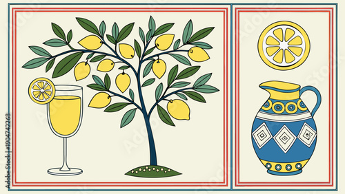 Illustration of a lemon tree with yellow fruit next to a glass of juice and a blue ceramic pitcher.