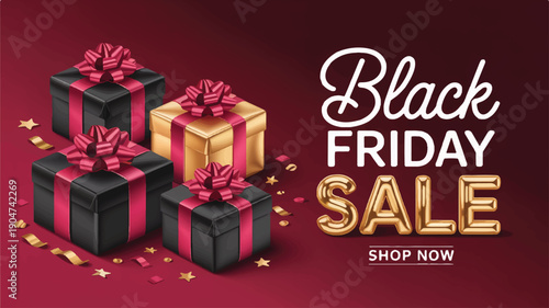 Black Friday Sale Announcement with Gift Boxes and Confetti, Perfect for Online Shopping Promotions and Retail Marketing Campaigns