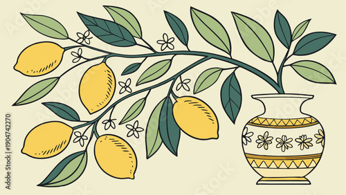 A vintage style illustration of a lemon branch with yellow fruits in a ceramic vase