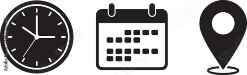 Black of a clock calendar and location pin on white background time date schedule