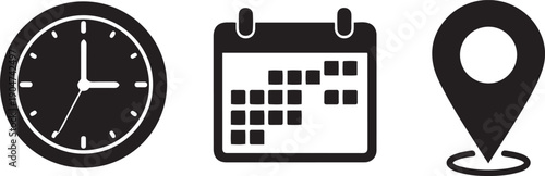 Black of a clock calendar and location pin on white background time date 1