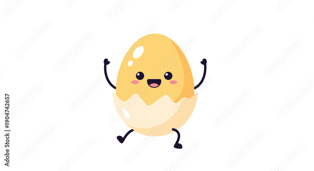 Obraz premium Cute and cheerful vector illustration of a kawaii style cracked egg character, happily celebrating with arms raised, symbolizing new beginnings, growth, and joy in a playful cartoon design