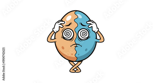 Whimsical split-color cartoon egg character experiencing intense dizziness and confusion, holding its head in distress with spiraling eyes, symbolizing stress or a headache on a clean white background