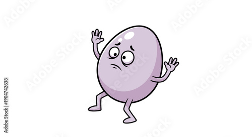 A charming purple cartoon egg character looks startled and scared, raising its hands in a defensive pose, isolated on a white background, ideal for a whimsical and emotive design