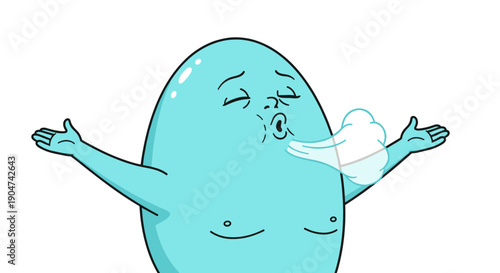 Whimsical light blue cartoon character exhaling a deep breath with arms spread wide, depicting feelings of relaxation, relief, or a meditative pause in a charming vector illustration