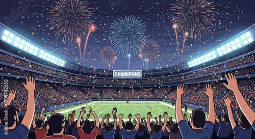 Illustration of a lively crowd celebrating with raised hands in a packed American football stadium with fireworks exploding above, conveying a joyful and victorious mood.