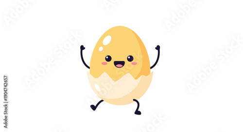 Cute and cheerful vector illustration of a kawaii style cracked egg character, happily celebrating with arms raised, symbolizing new beginnings, growth, and joy in a playful cartoon design