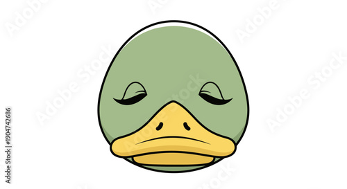 Cute cartoon duck head vector illustration with sleepy, closed eyes. This charming green animal character features a yellow beak and minimalist design, conveying a relaxed and tranquil expression