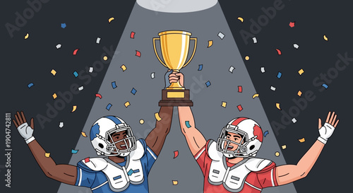 Illustration of two American football players celebrating with a trophy in a spotlight, confetti falling around them, conveying a joyful and victorious mood.