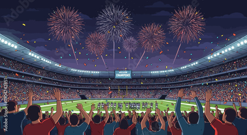 Illustration of a vibrant Super Bowl celebration with cheering fans in a packed stadium, fireworks exploding above, conveying a joyful and energetic mood with a colorful palette.