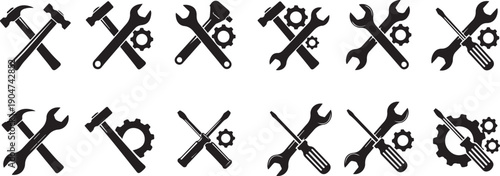 Collection of black silhouette of crossed tools and gears on white background hammer wrench screwdriver