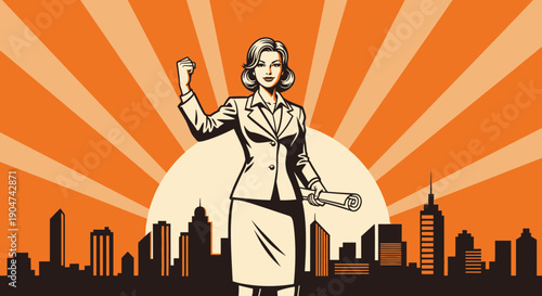 Confident business woman standing triumphantly in front of a city skyline illustration