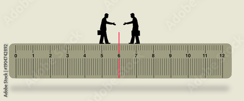 Two businessmen meet halfway in a compromise agreement in this illustration.