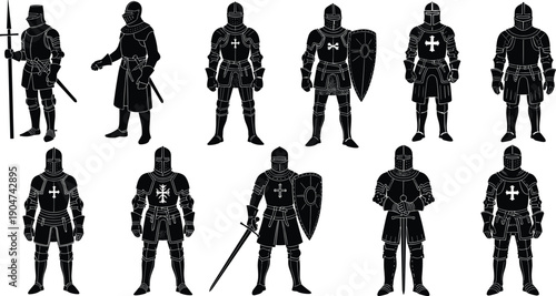 Medieval knight silhouettes, armored warriors, swords and shields, historic battle poses, heraldic emblems, ancient armor, medieval culture, historic illustration