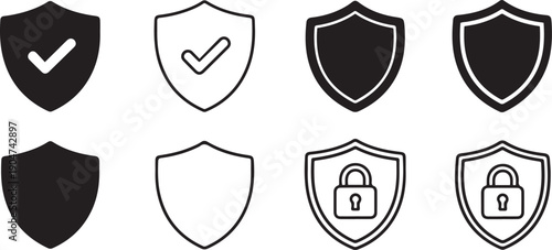 Collection of eight black and white shield with security symbols protection lock padlock