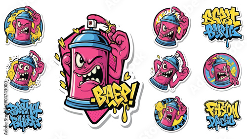 Vibrant graffiti spray can characters and word art illustration set