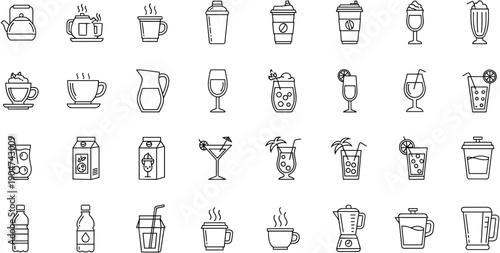 Vector line icons set of beverages including coffee, tea, cocktails, juice, milk, soda, water, and cafe drinks for menu design