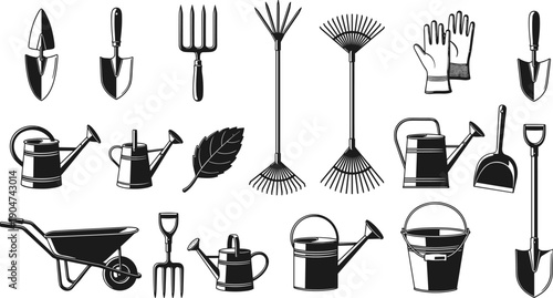 Set of black silhouettes and icons of gardening tools including shovels rakes watering cans wheelbarrow and gloves for landscaping and garden maintenance