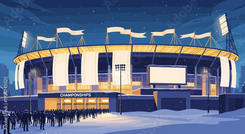 Illustration of Los Angeles Memorial Coliseum at night with flags waving, a large crowd gathered outside, and a dark blue sky, evoking a sense of excitement and anticipation for a Super